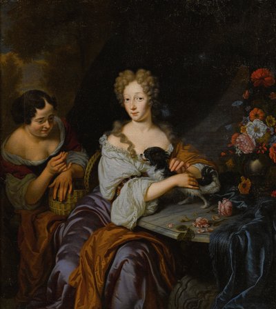 Portrait of a Lady with Her Dog and a Maid by Michiel van Musscher